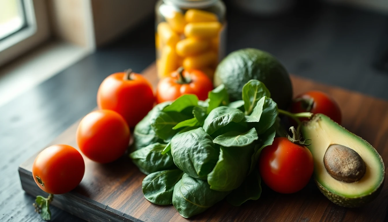 Assorted fresh vegetables including spinach, tomatoes and avocados arranged on a wooden cutting board
