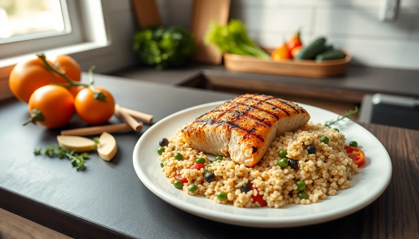 Grilled salmon fillet with roasted vegetables and quinoa on a white ceramic plate