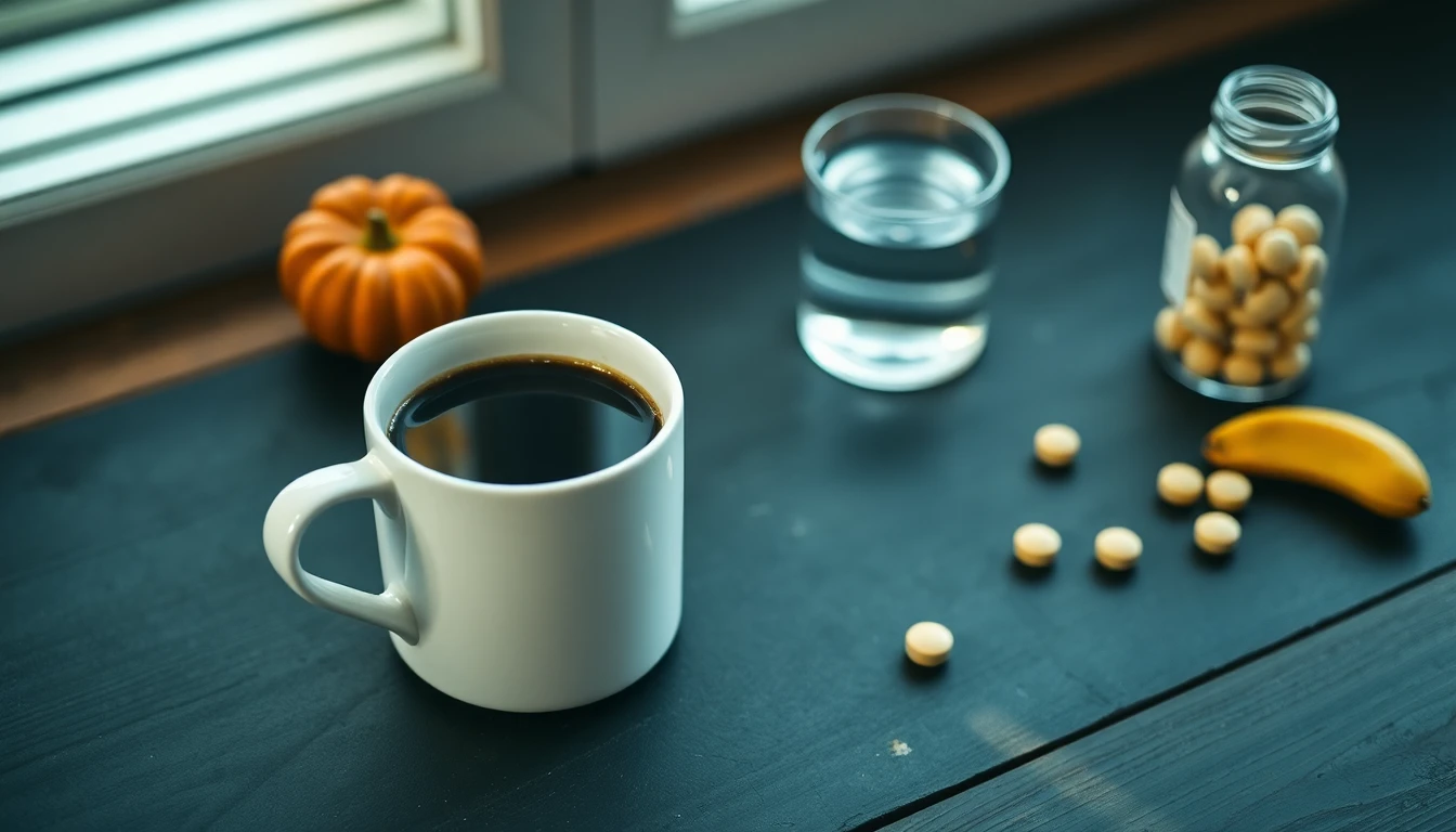 White ceramic mug of black coffee beside a glass of water on a wooden breakfast table