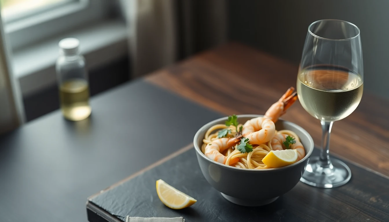 Bowl of linguine with prawns, parsley and lemon wedges next to a half-full glass of white wine on a wooden table
