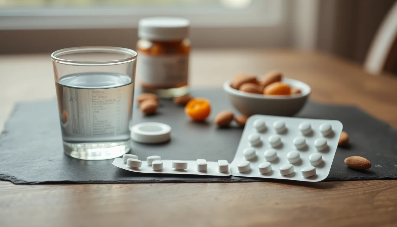 White tablet blister strip beside a glass of water and a small bowl of almonds and dried apricots on a pale wooden table