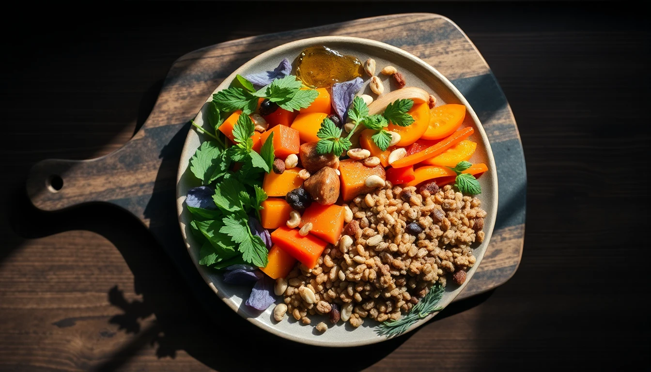 Overhead view of colourful vegetables, olive oil, nuts and fresh herbs arranged on a wooden cutting board