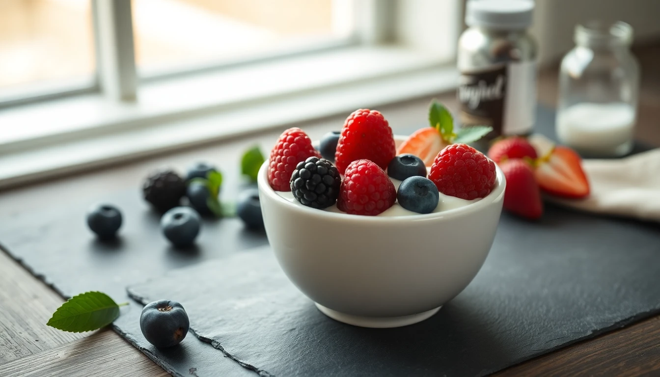 White ceramic bowl filled with natural yoghurt topped with fresh berries on a wooden breakfast table