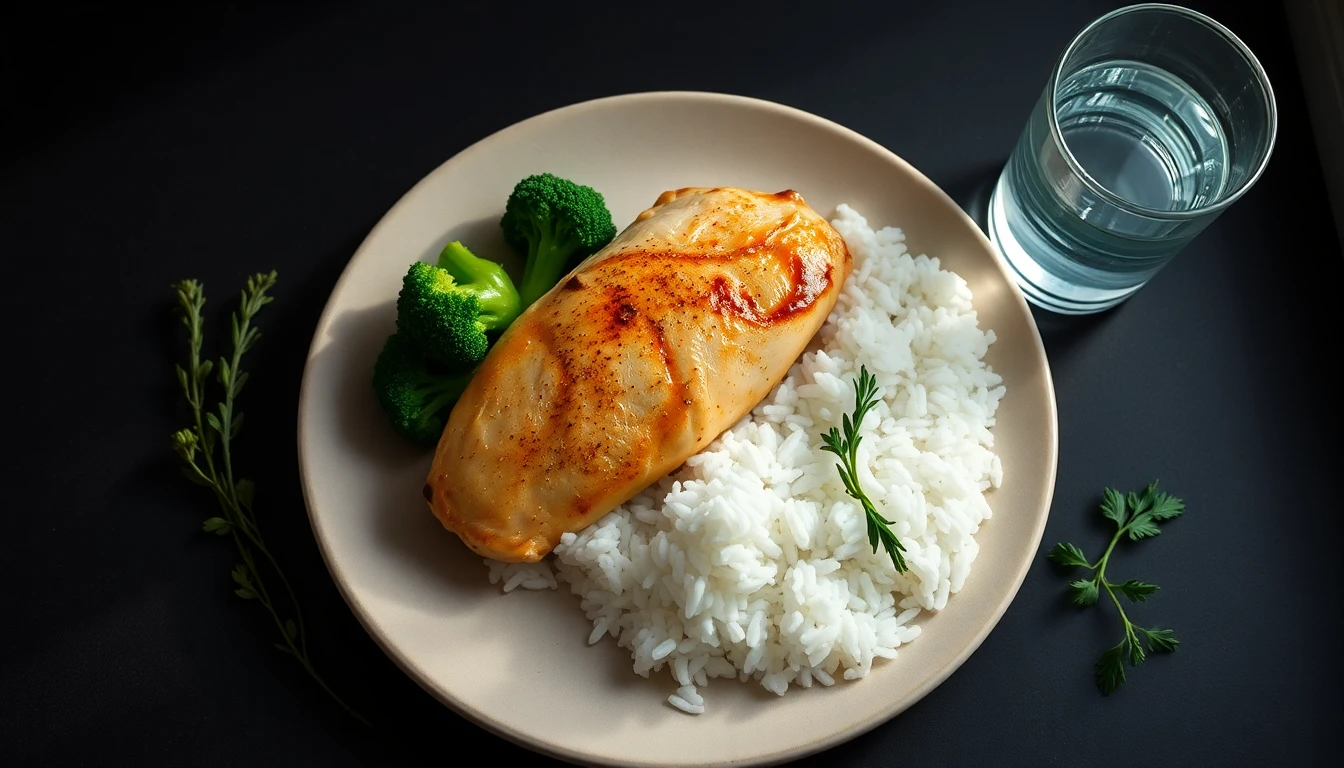 Freshly cooked chicken breast with steamed broccoli and white rice on a pale ceramic plate beside a glass of water