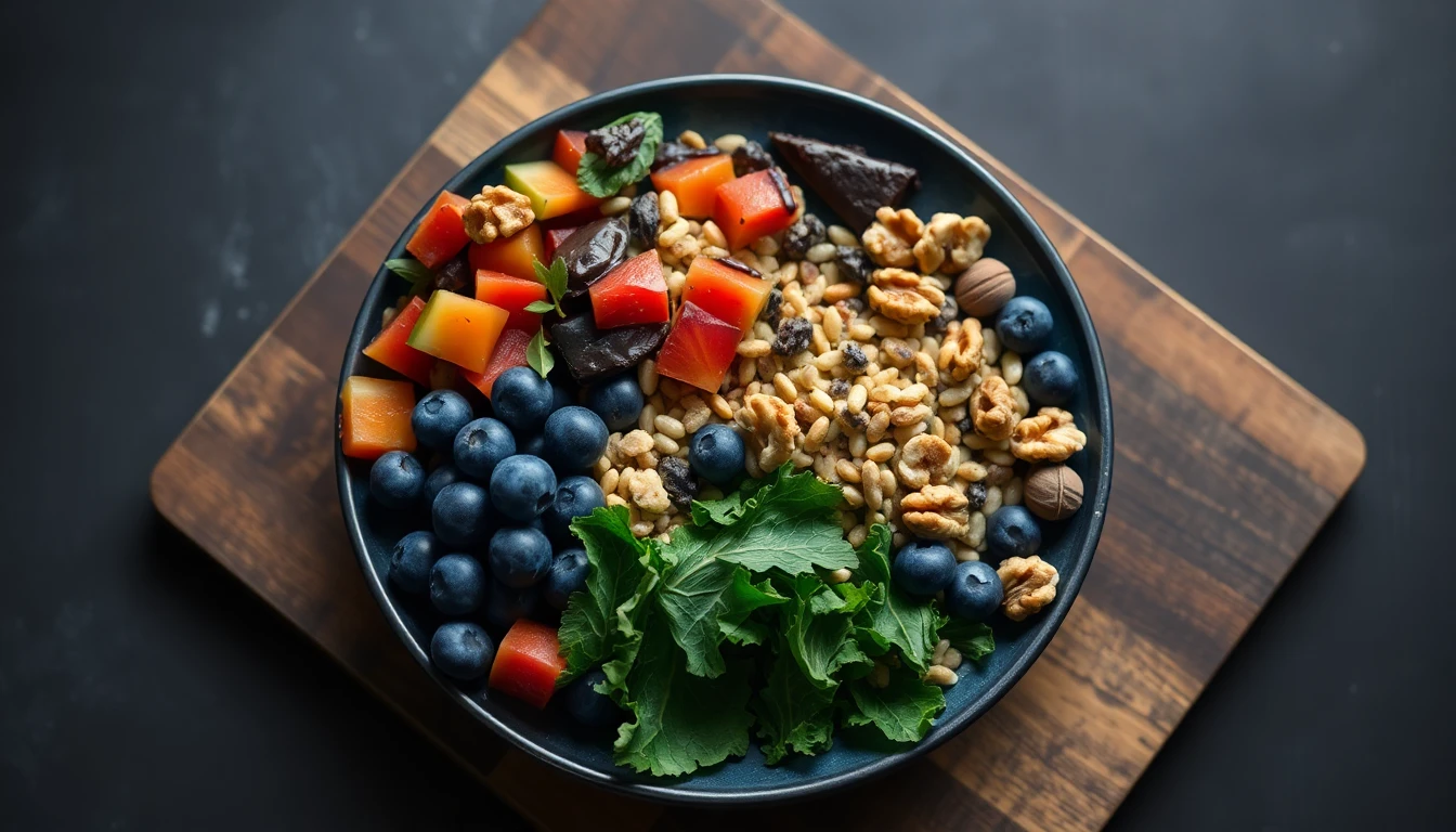 Colourful arrangement of blueberries, dark chocolate, walnuts and kale leaves on a wooden chopping board