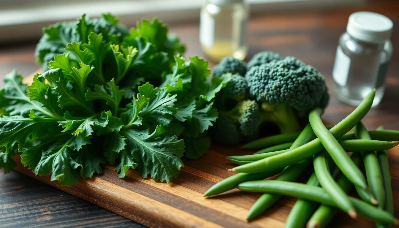 Fresh kale leaves and spinach arranged on a wooden cutting board beside broccoli florets and green beans