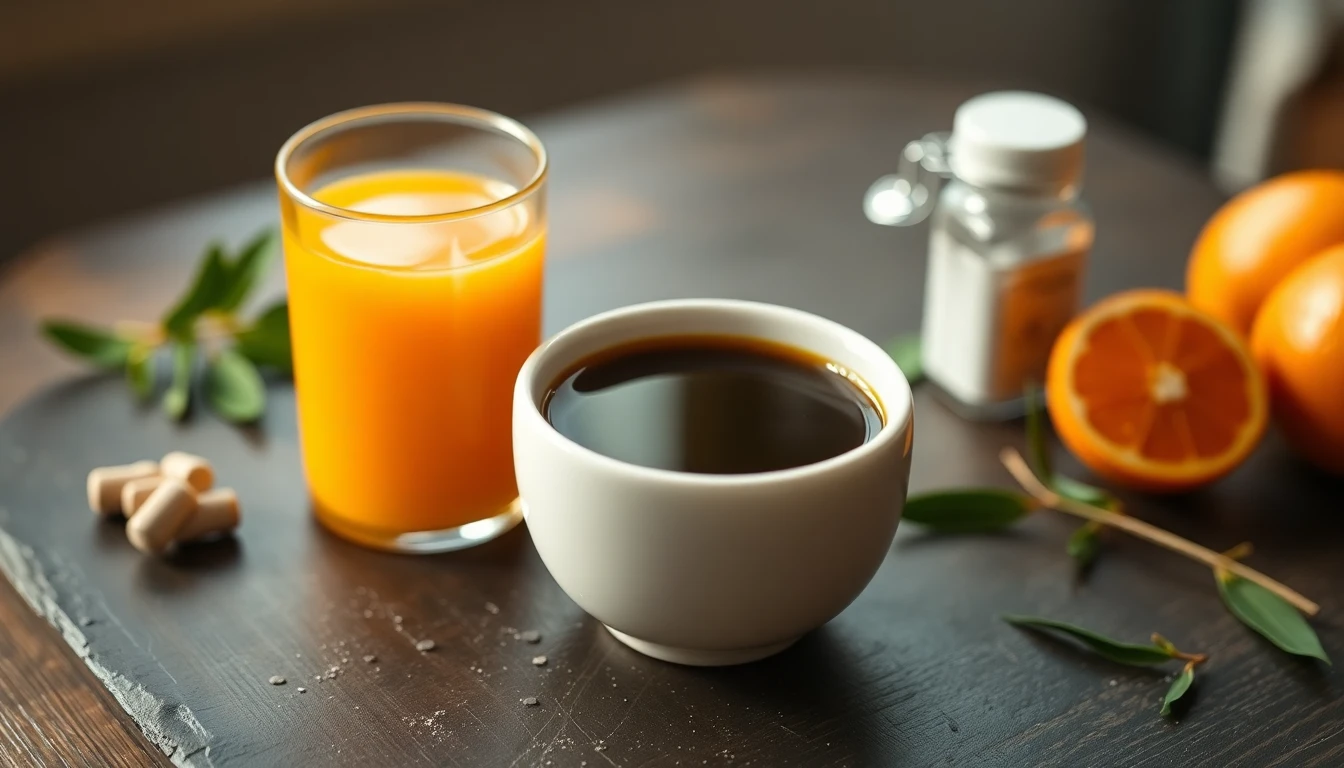 White ceramic bowl of fresh coffee beside a glass of orange juice on a wooden breakfast table