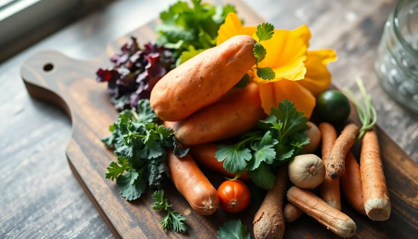 Colourful array of fresh vegetables including sweet potatoes, leafy greens, and root vegetables on a wooden cutting board