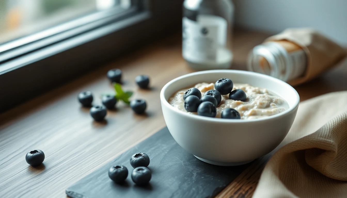 White ceramic bowl of plain porridge with blueberries on a light wooden breakfast table