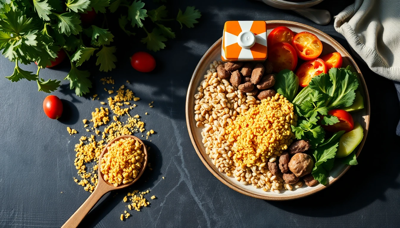 Nutritional yeast flakes scattered on a wooden spoon beside fortified plant milk carton