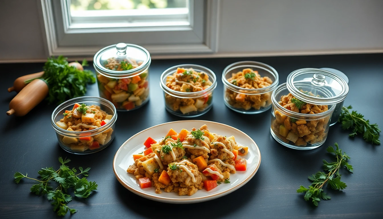 Glass containers filled with colourful prepared meals arranged on a kitchen worktop beside fresh vegetables and herbs