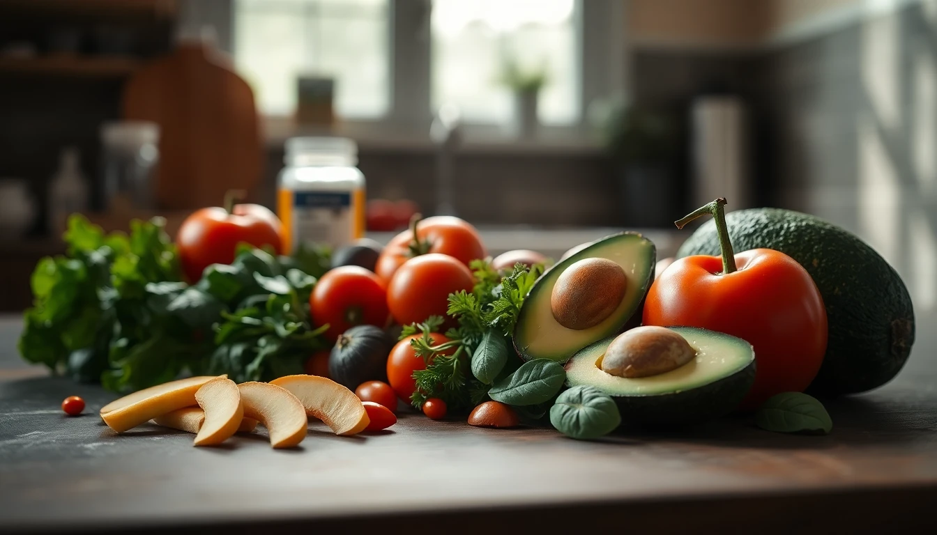 Assorted fresh vegetables including leafy greens, tomatoes and avocado arranged on a wooden kitchen counter with morning sunlight