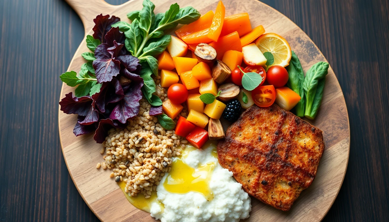 Colourful vegetables and healthy fats arranged on a wooden cutting board with olive oil drizzle