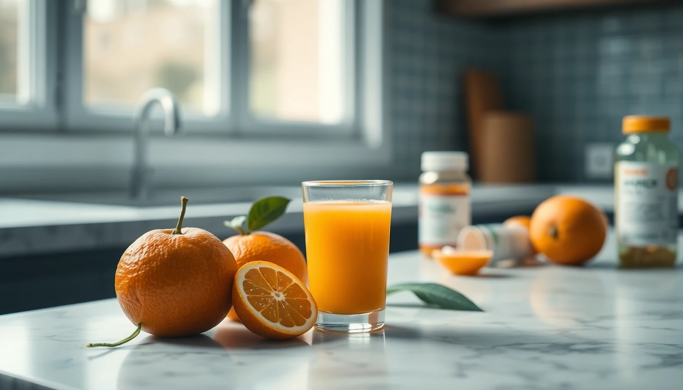 Glass of fresh orange juice beside a medicine bottle and prescription on a white marble kitchen counter