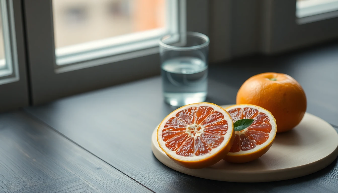 Halved pink grapefruit and a whole orange on a pale wooden board beside a glass of water