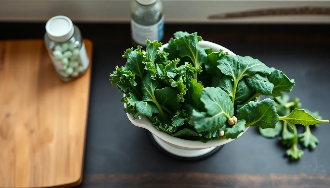 Fresh curly kale and baby spinach leaves in a white colander on a wooden kitchen worktop beside a chopping board