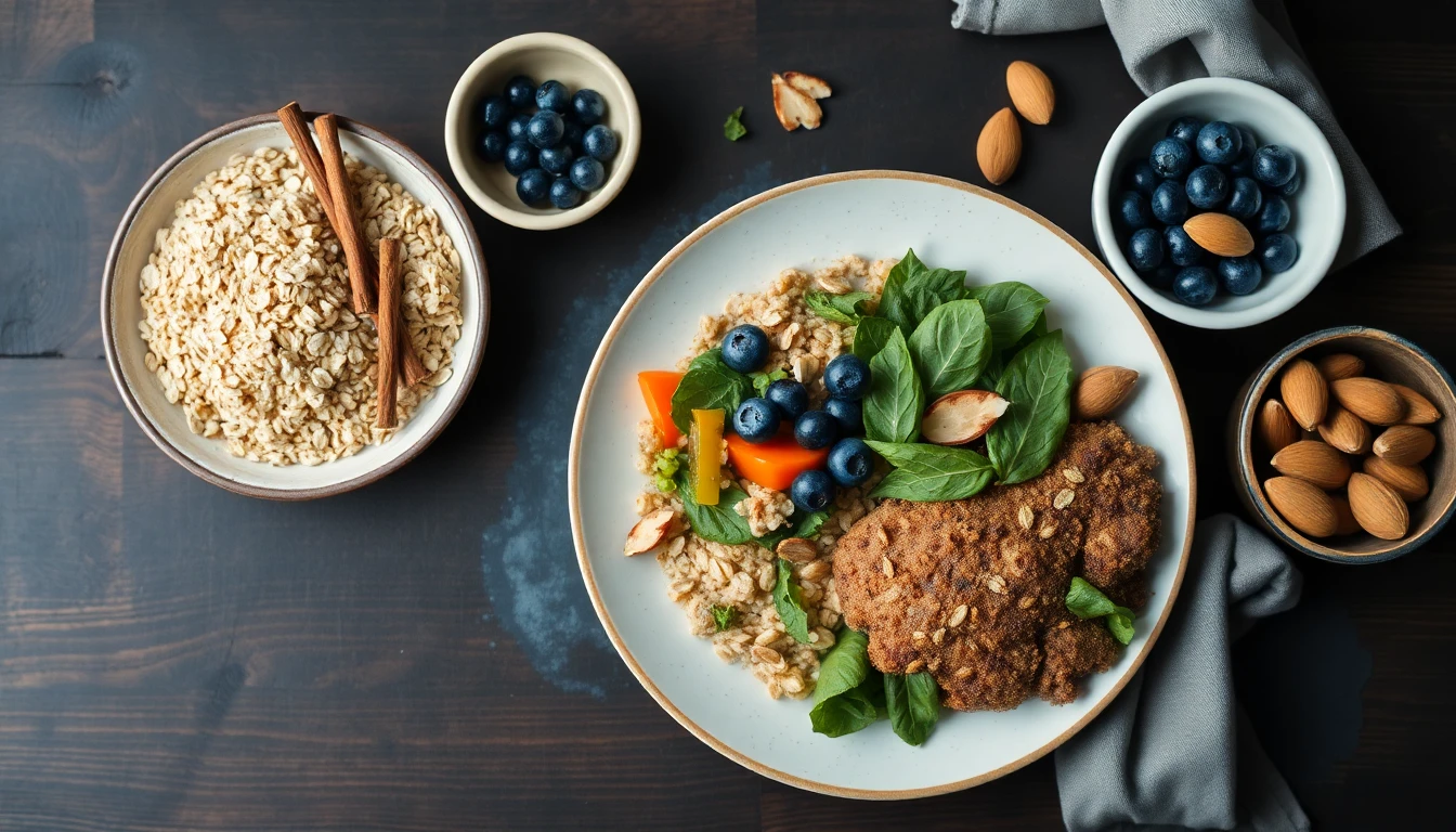Overhead view of a wooden table with rolled oats, cinnamon sticks, fresh blueberries, and almonds in ceramic bowls
