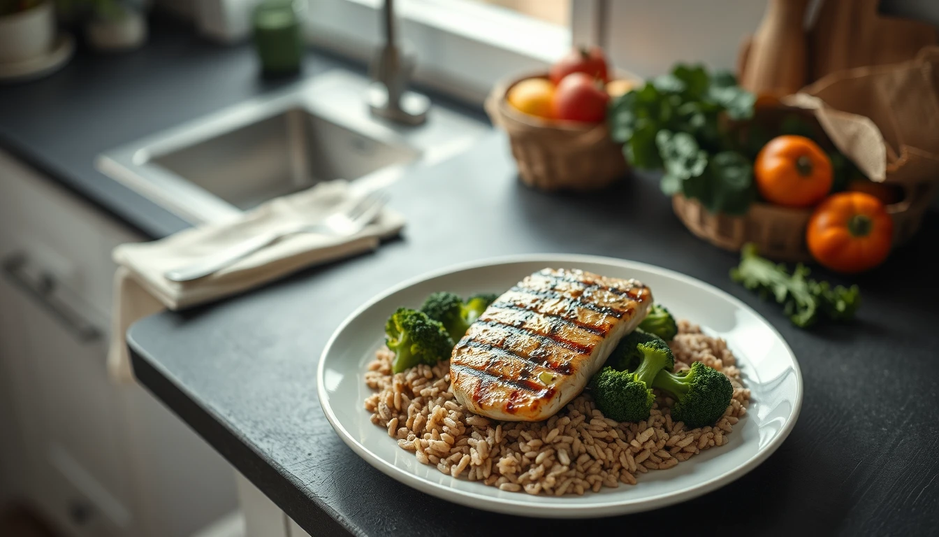 Grilled chicken breast with brown rice and steamed broccoli on a white ceramic plate