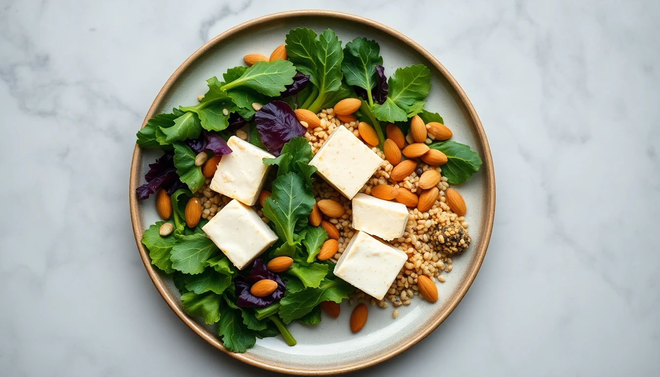Overhead view of tofu blocks, leafy greens, almonds and sesame seeds arranged on a marble countertop
