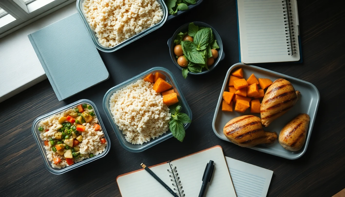 Overhead view of colourful meal prep containers with rice, sweet potatoes, vegetables and grilled chicken on a wooden kitchen counter