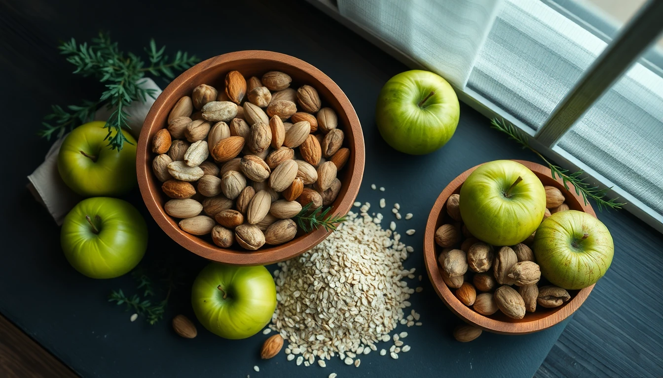 Wooden bowl filled with mixed nuts, almonds and walnuts beside fresh green apples and oat bran on rustic table