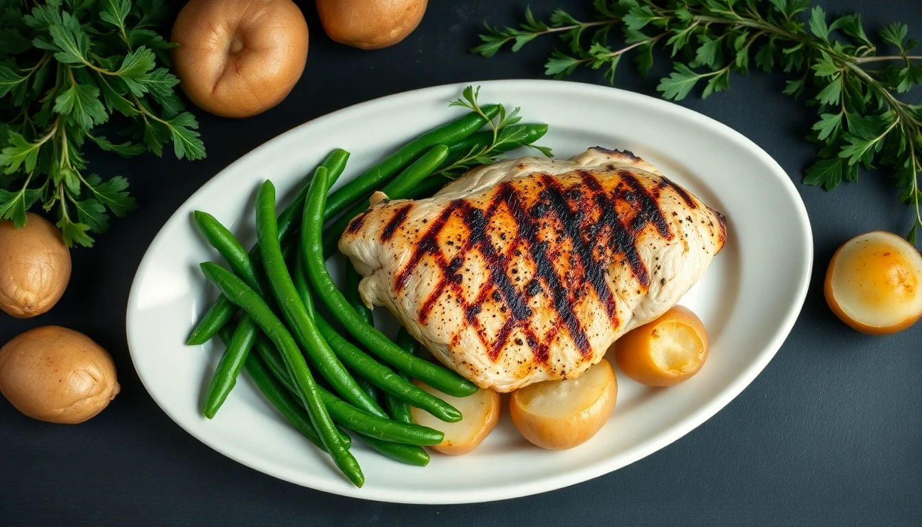 Grilled chicken breast on a white ceramic plate with steamed green beans and new potatoes