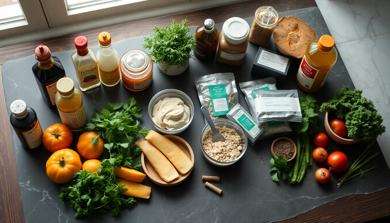 Wooden kitchen table with various condiment bottles, stock cubes, and packaged foods arranged on marble countertop