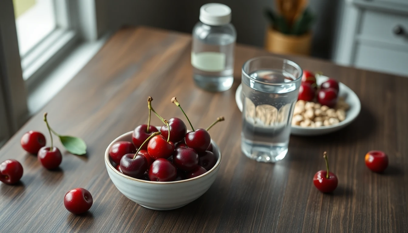 Glass of water beside a bowl of fresh cherries and a plate of oatmeal on a pale wooden kitchen table
