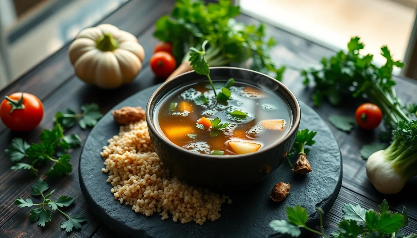 Steaming bowl of bone broth on rustic wooden table surrounded by fresh vegetables and herbs