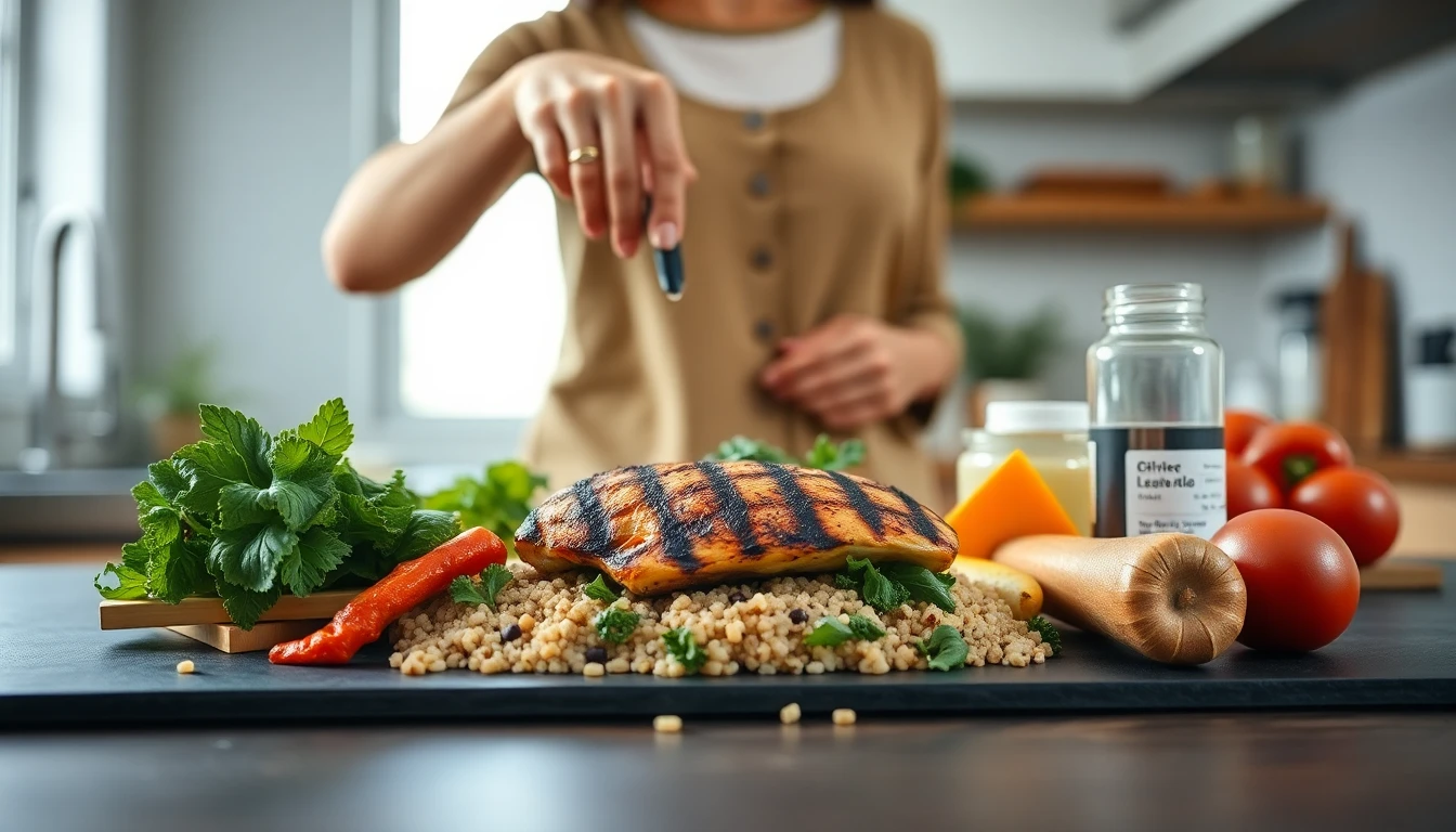 Woman preparing a balanced meal with grilled chicken, quinoa and fresh vegetables in a bright modern kitchen