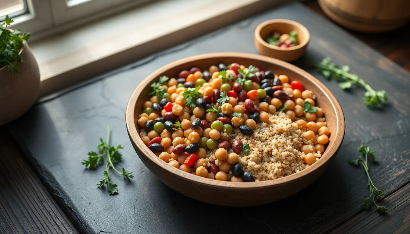 Wooden bowl filled with mixed beans, quinoa, and chickpeas on a rustic kitchen table with fresh herbs