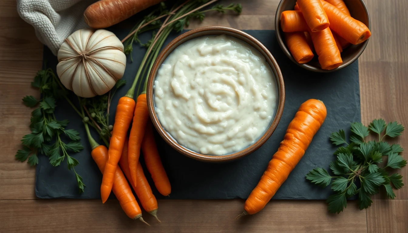 Bowl of creamy white rice porridge with peeled cooked carrots on a light wooden table