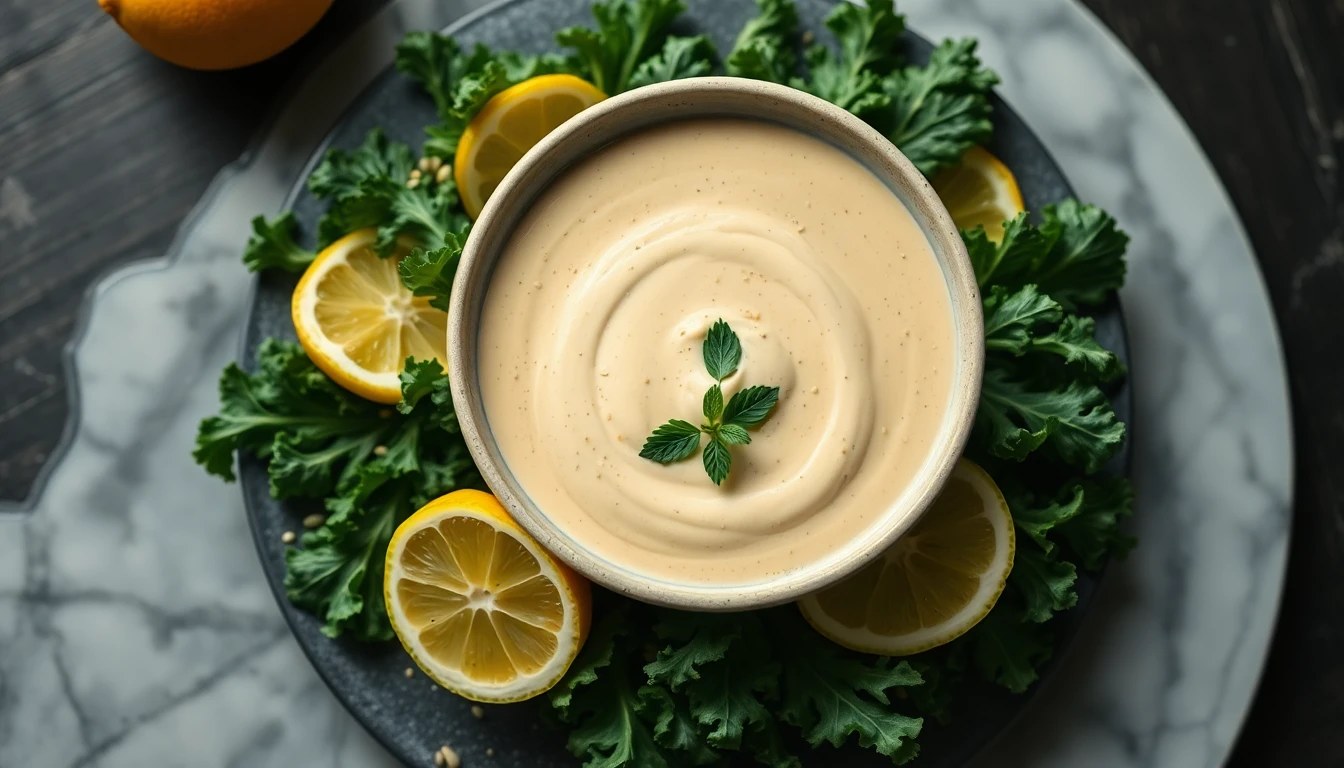 Bowl of creamy tahini dressing surrounded by fresh kale leaves, toasted sesame seeds and lemon halves on a marble surface