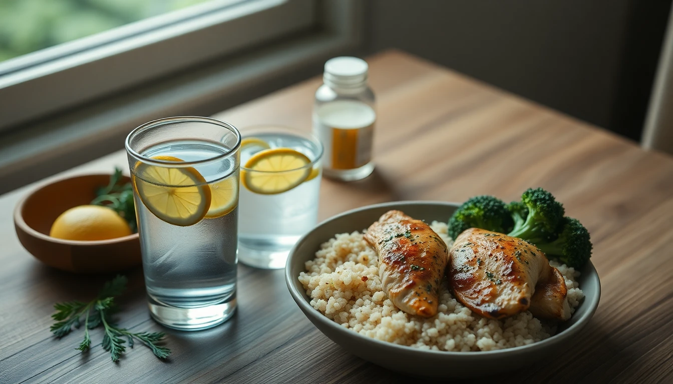 Glass of water with lemon slices beside a bowl of brown rice, grilled chicken and steamed broccoli on a light wooden table