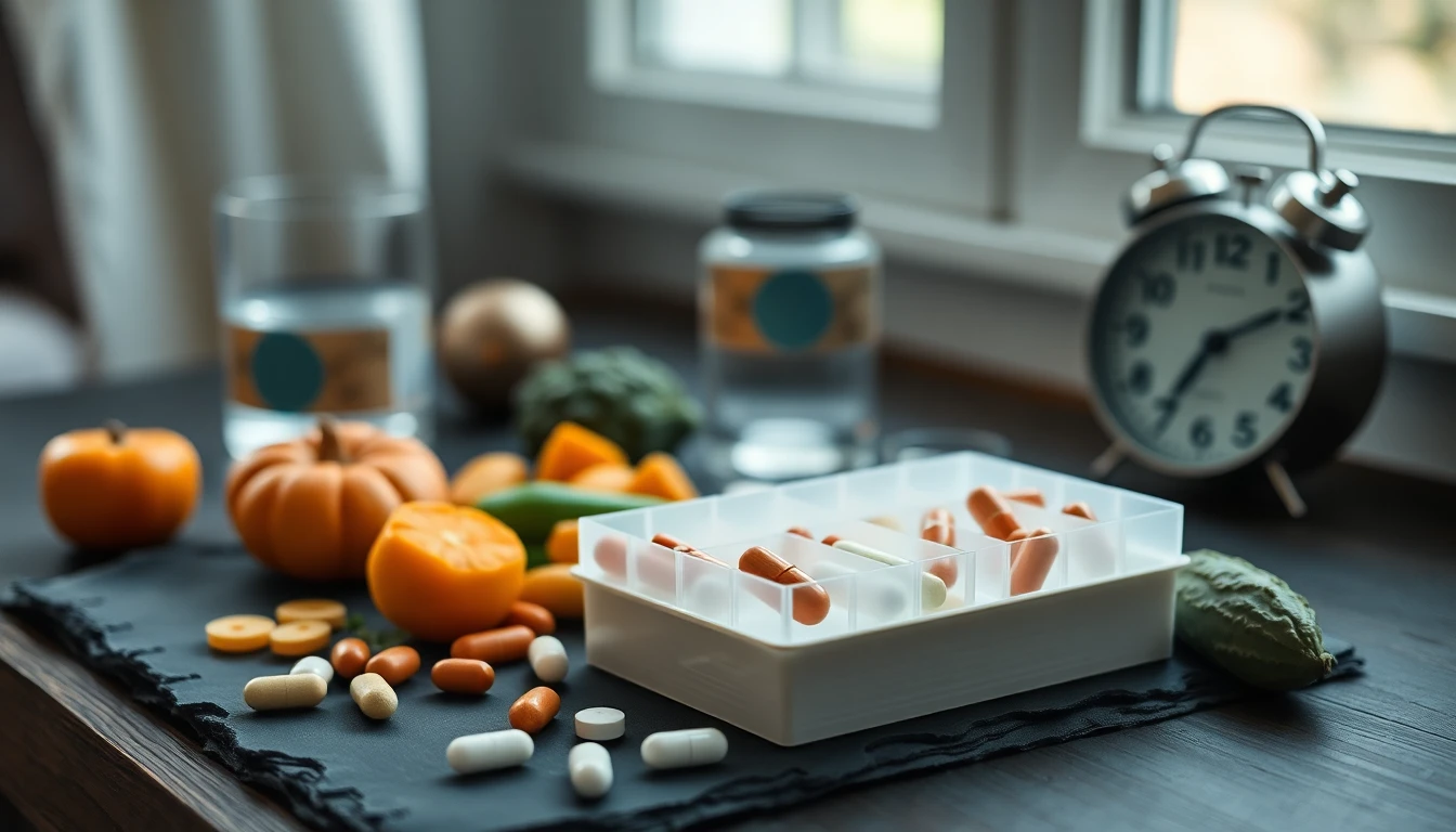White pill organiser box on bedside table next to glass of water and alarm clock showing morning time