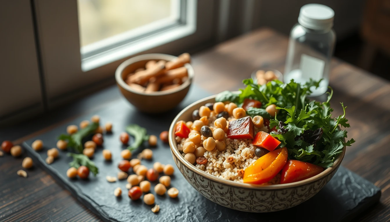 Colourful Buddha bowl with quinoa, roasted vegetables, chickpeas and fresh greens on a wooden table
