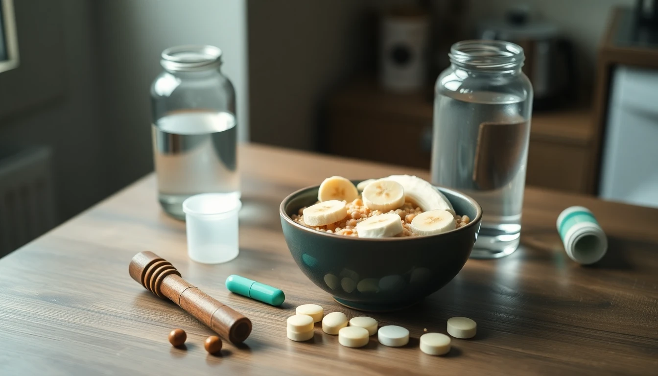 Bowl of porridge with sliced banana and a glass of water on a pale wooden kitchen table beside a weekly pill organiser