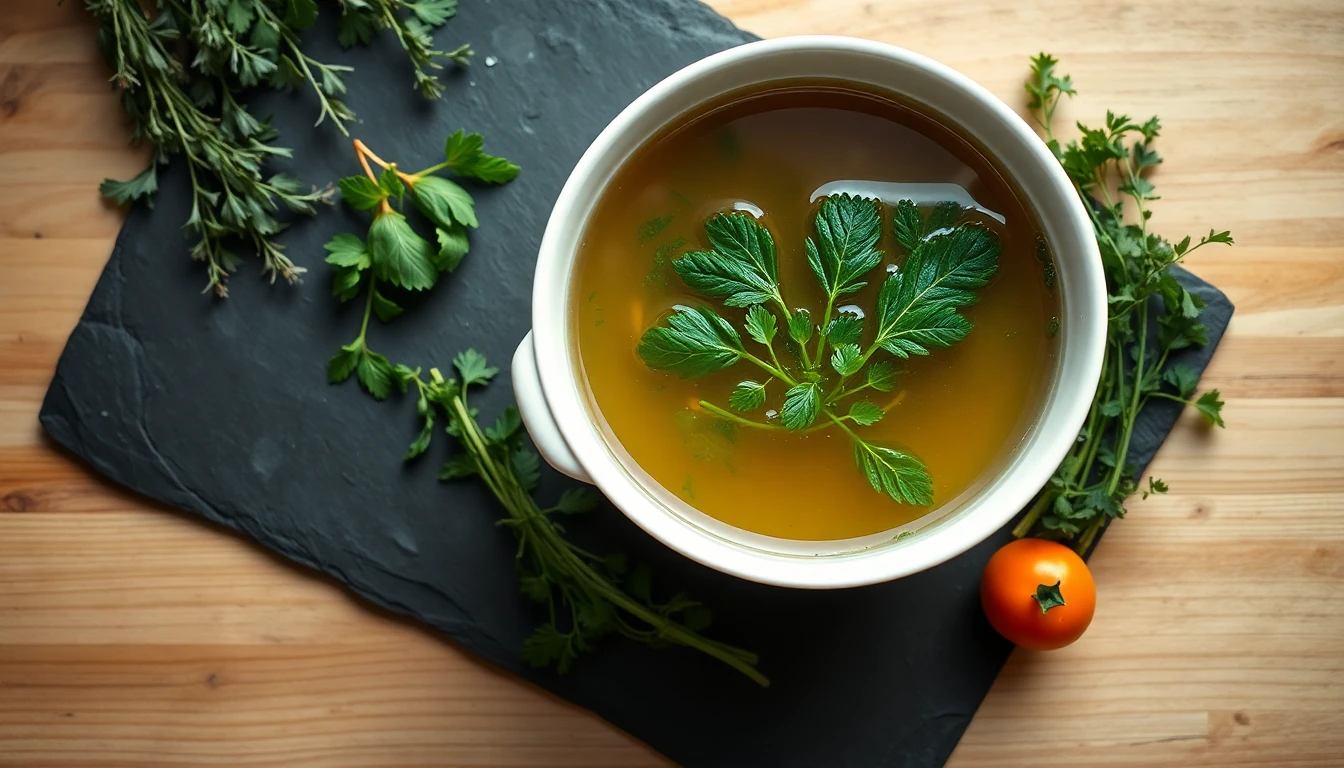 Clear vegetable broth in a white ceramic bowl with fresh herbs on a light wooden table