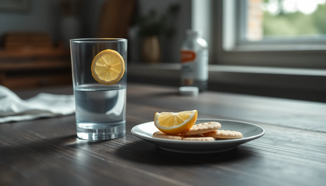 A glass of still water with a lemon slice beside a small plate of plain crackers on a wooden kitchen table