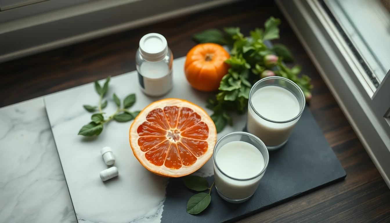 Overhead view of prescription medication bottles beside fresh grapefruit, leafy greens, and glass of milk on white marble surface