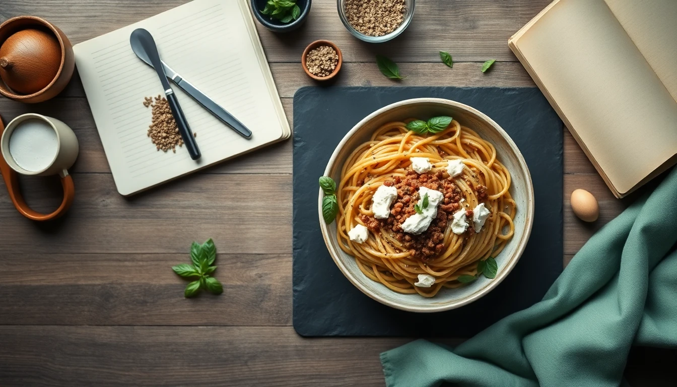 Bowl of red lentil pasta topped with cottage cheese, hemp seeds and basil on a light wooden table