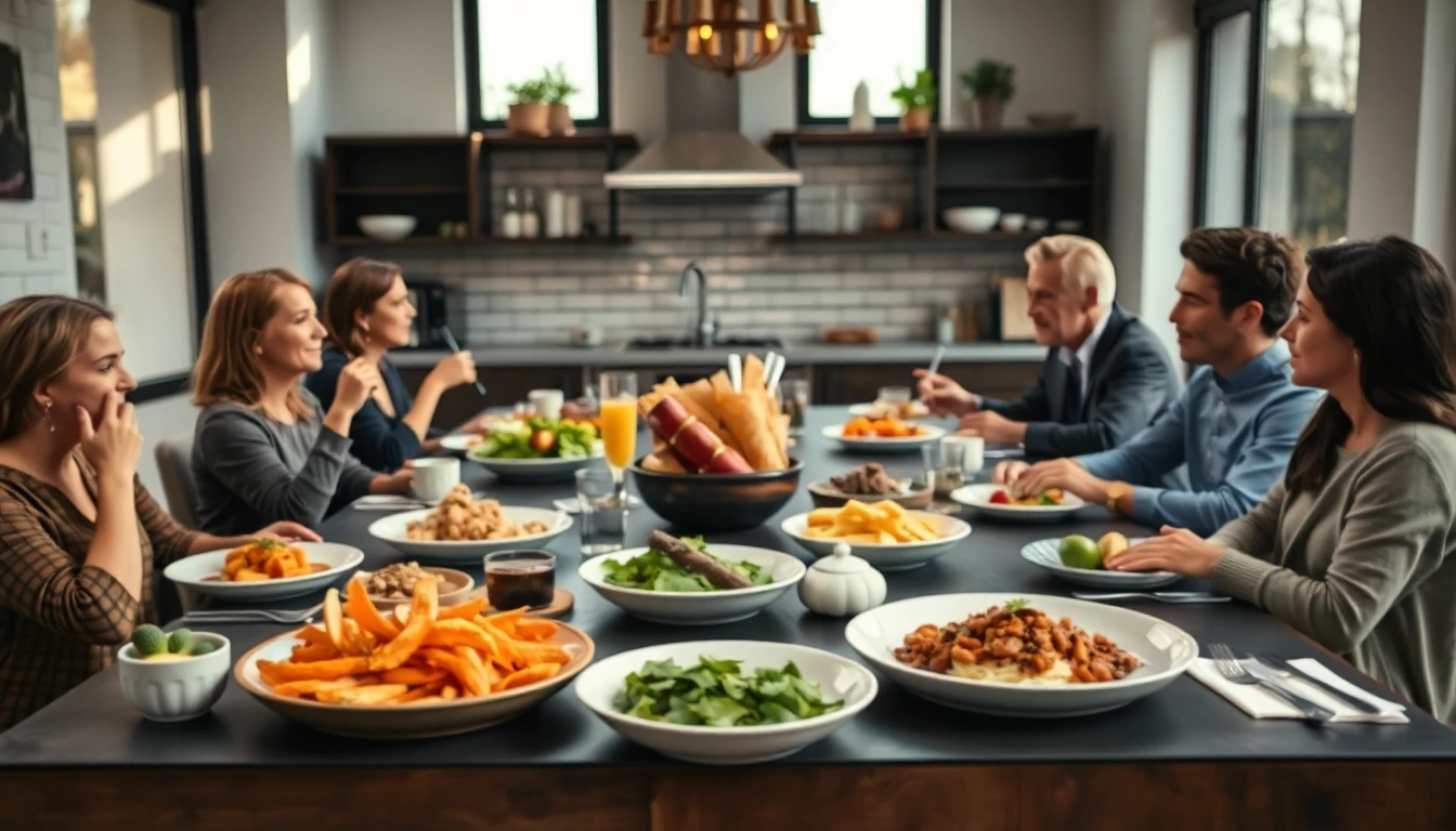 Diverse group of friends sharing a meal at a welcoming restaurant table with various dishes