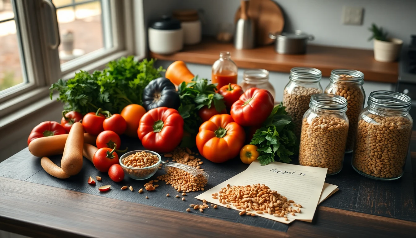 Wooden kitchen table with colourful fresh vegetables, dried pulses in glass jars and a handwritten shopping list