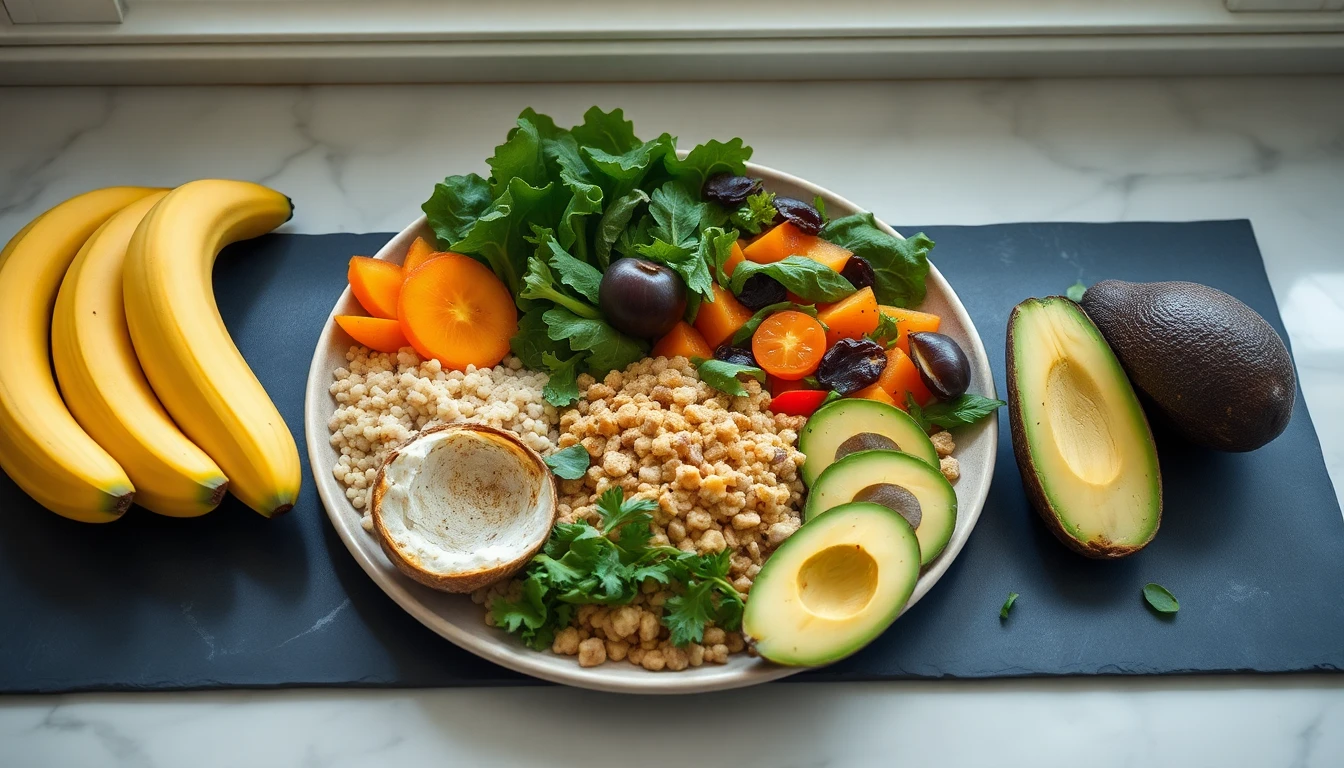 Colourful array of fresh produce including bananas, leafy greens, coconut, and avocado arranged on a white marble countertop