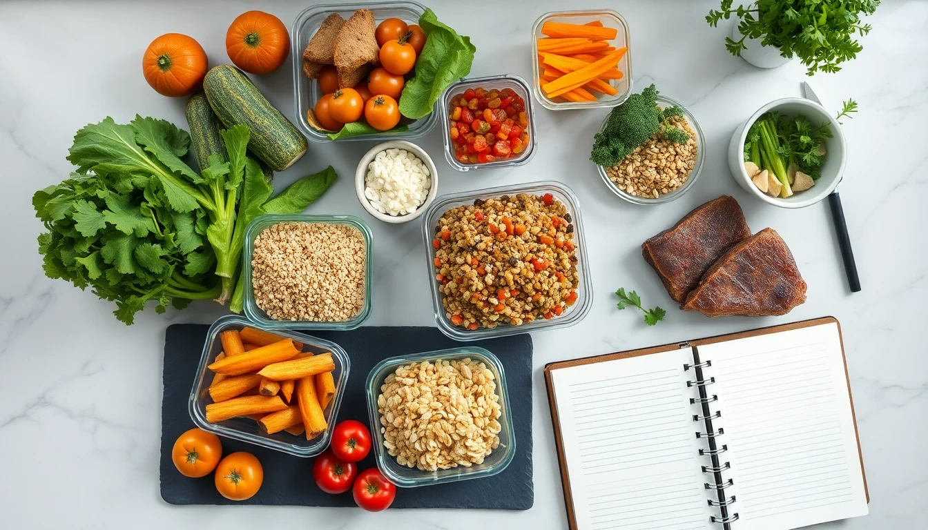 Organised meal preparation containers with colourful vegetables, grains, and proteins arranged on a white marble kitchen counter