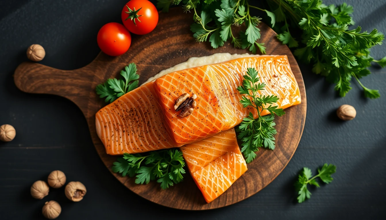 Fresh salmon fillet on a wooden board surrounded by leafy greens, walnuts, and colourful vegetables