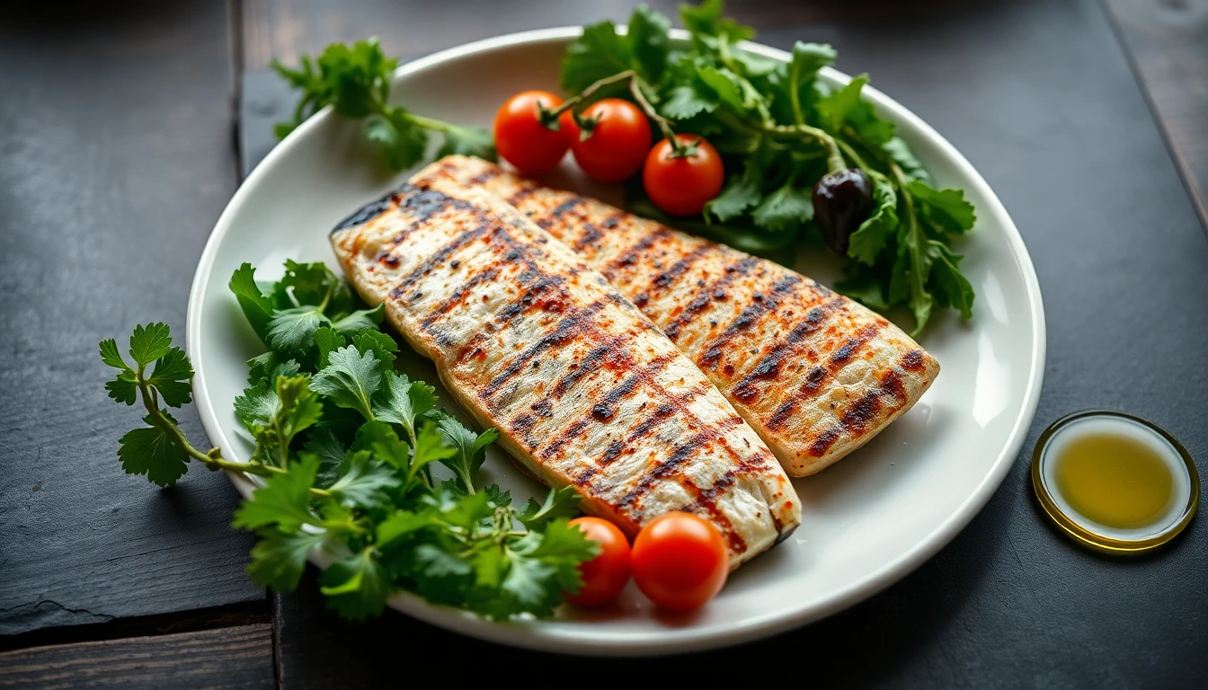 Colourful Mediterranean-style meal with grilled fish, leafy greens, cherry tomatoes, and olive oil on a white ceramic plate