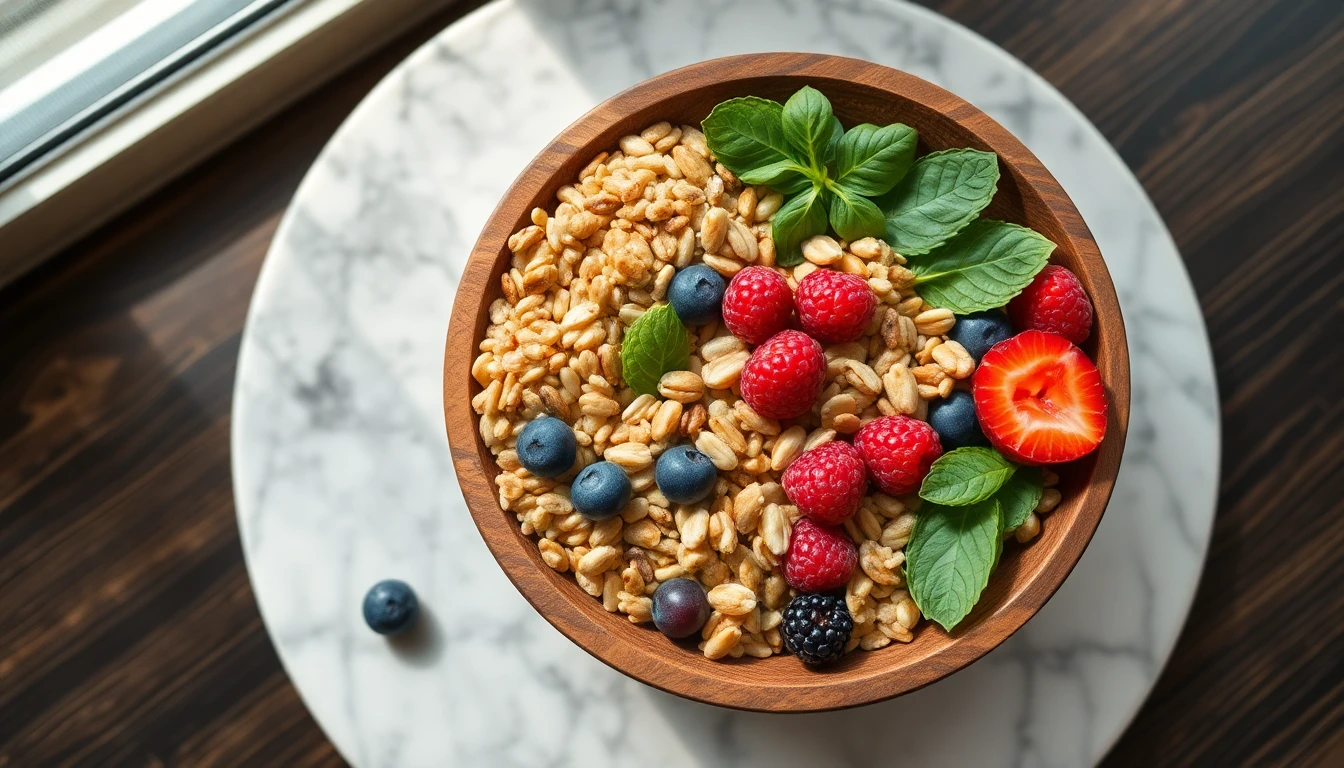 Wooden bowl filled with mixed nuts, seeds, fresh berries and whole grain cereal on a light marble surface