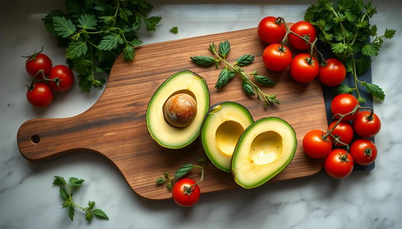 Wooden cutting board with halved avocado, cherry tomatoes, and fresh herbs on a light marble counter