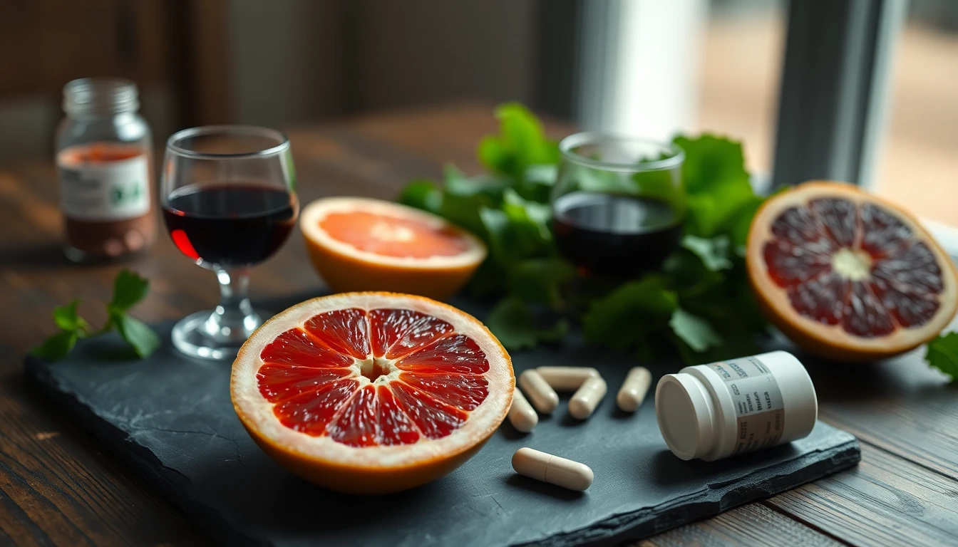 A wooden table laid with a grapefruit half, a glass of red wine, leafy greens, and a weekly pill organiser, lit by soft window light